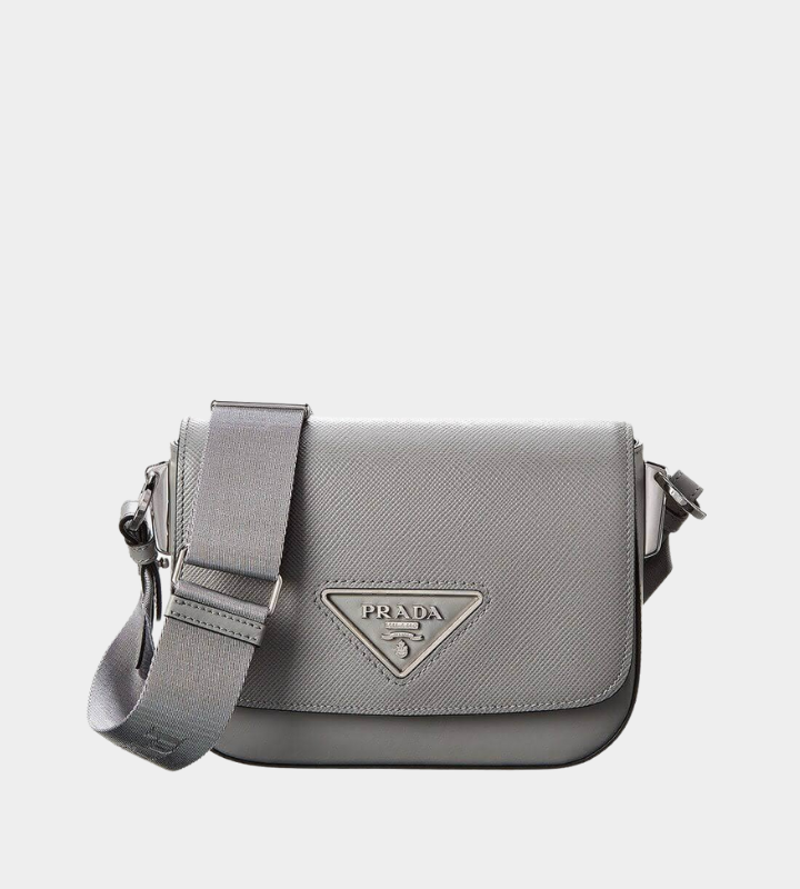 Saffiano Leather Prada Identity Shoulder Bag Women Slate Gray front view