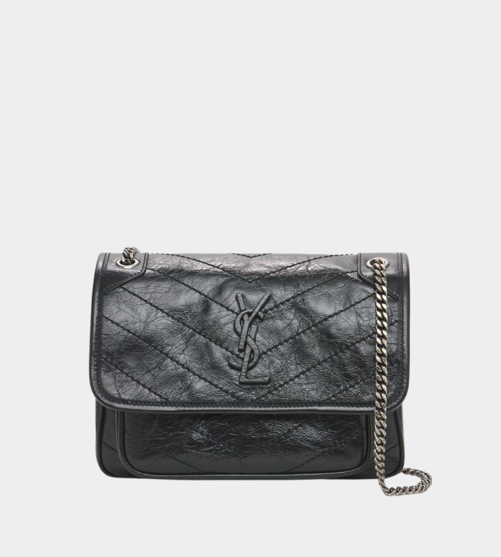 Saint Laurent | Women Niki Monogram Crinkled Leather Bag Black Unique front view